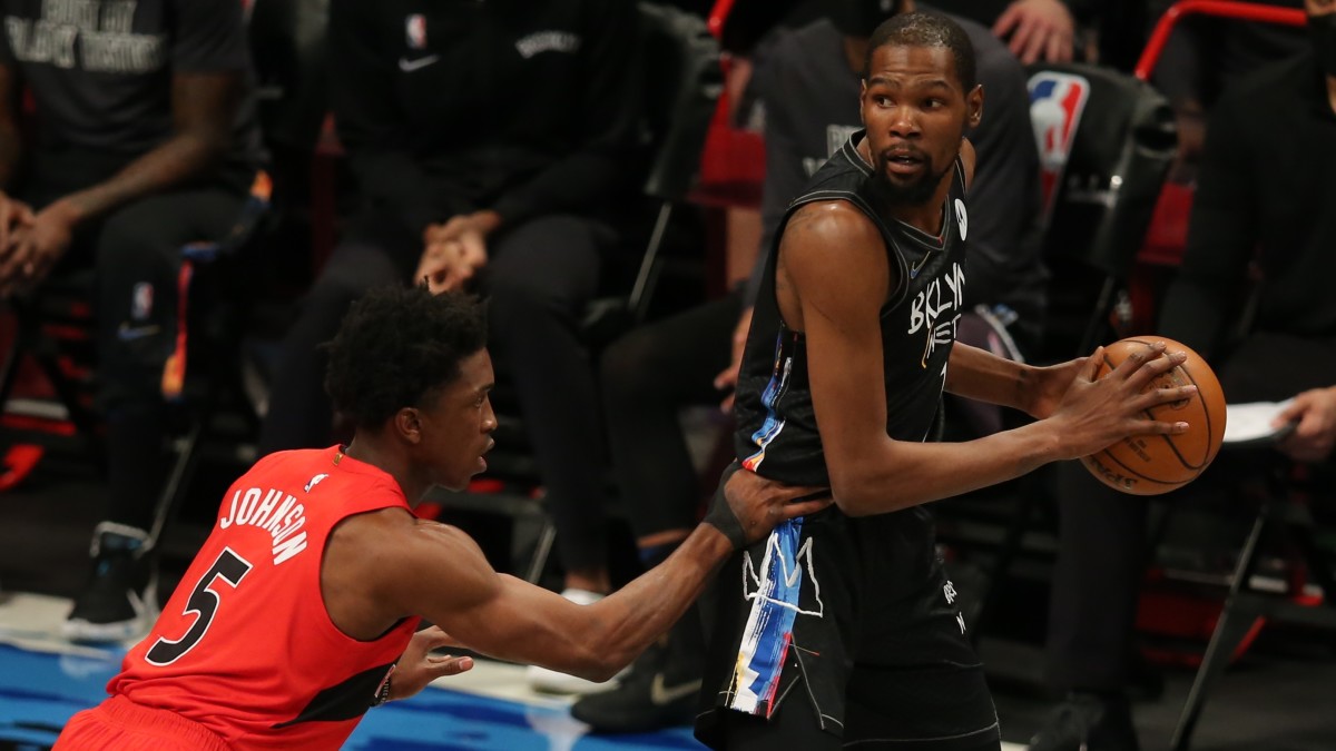 Kevin Durant faces off against the Raptors at the Barclays Center on Feb. 5, 2021.