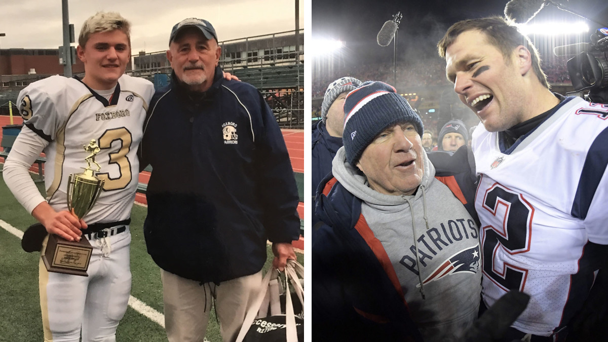 Mark Clagg, aka 'Johnny Foxborough' with his coach, and Tom Brady, then of the Patriots, with his coach