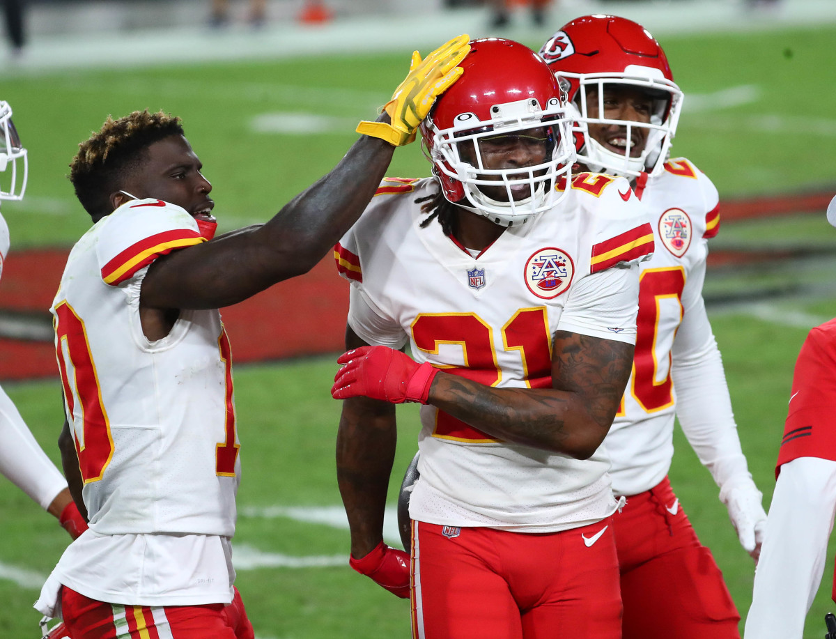 Kansas City Chiefs cornerback Bashaud Breeland (21) celebrates with wide receiver Tyreek Hill (10) after an interception against the Tampa Bay Buccaneers during the second half at Raymond James Stadium. Kim Klement-USA TODAY Sports