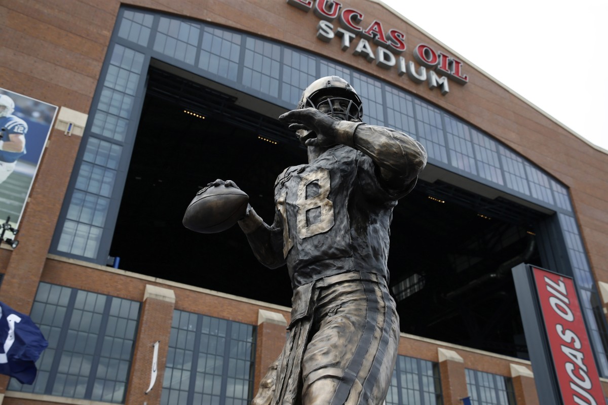 The Peyton Manning statue in front of Lucas Oil Stadium in Indianapolis.