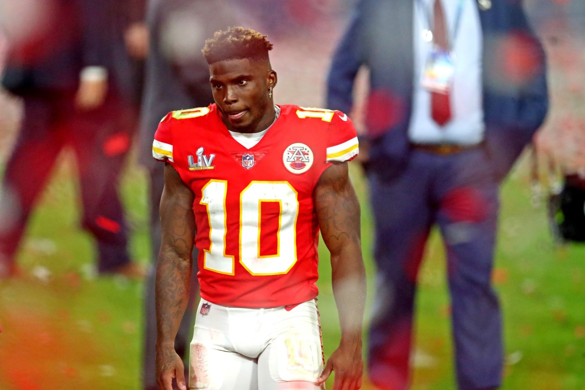 Feb 7, 2021; Tampa, FL, USA; Kansas City Chiefs wide receiver Tyreek Hill (10) reacts after loosing to the Tampa Bay Buccaneers in Super Bowl LV at Raymond James Stadium. Mandatory Credit: Mark J. Rebilas-USA TODAY Sports