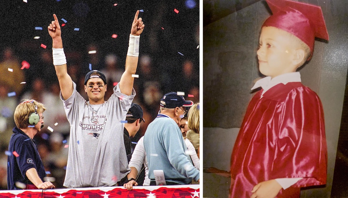 Tom Brady at Super Bowl XXXVI and Patrick Mahomes at kindergarten graduation, both in 2002