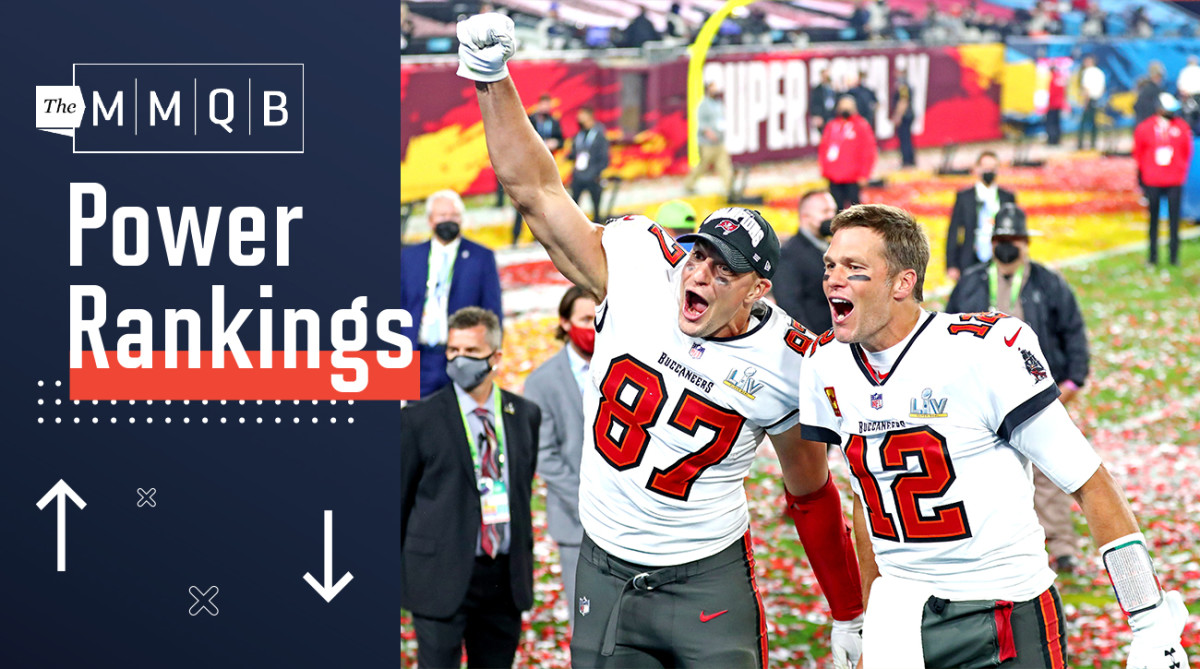Tom Brady and Rob Gronkowski celebrate the Buccaneers' Super Bowl LV win.
