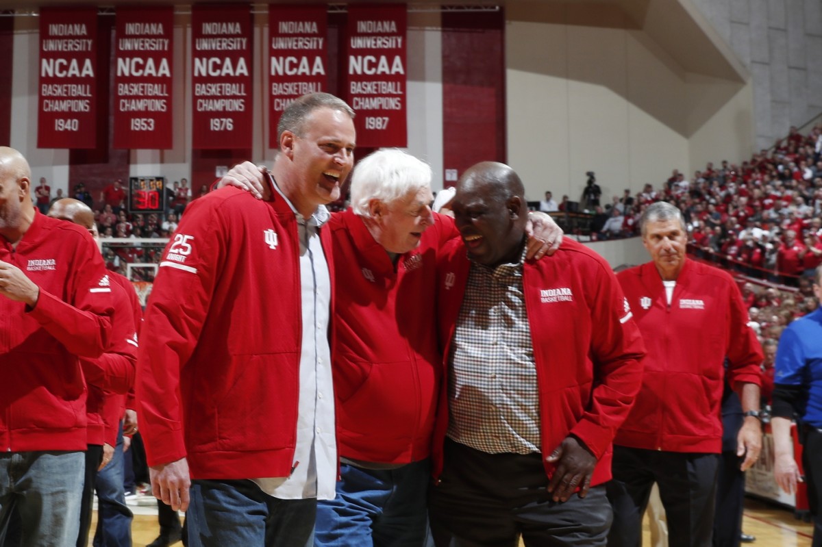 Former Indiana coach Bob Knight shares a laugh with Quinn Buckner (right) and his son, Pat Knight when he returned to Assembly Hall on Feb. 8, 2020. (USA TODAY Sports)