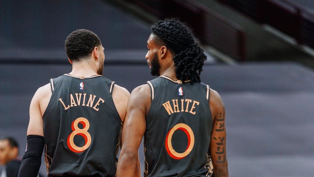 Bulls guards Zach LaVine and Coby White combined for 17 made threes in Chicago's win over the Pelicans on Feb. 10, 2021.