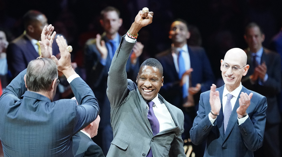 Masai Ujiri accepting his 2019 championship ring