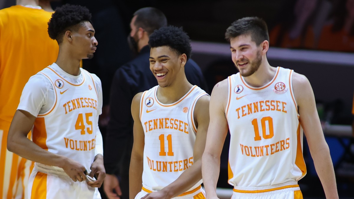 Jaden Springer and John Fulkerson share a laugh in Tennessee's win over Georgia.