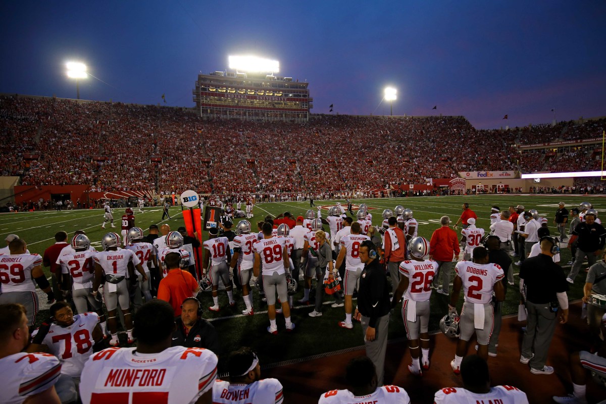 A view of the Ohio State Buckeyes as they stand on the sidelines against the Indiana Hoosiers at Memorial Stadium.