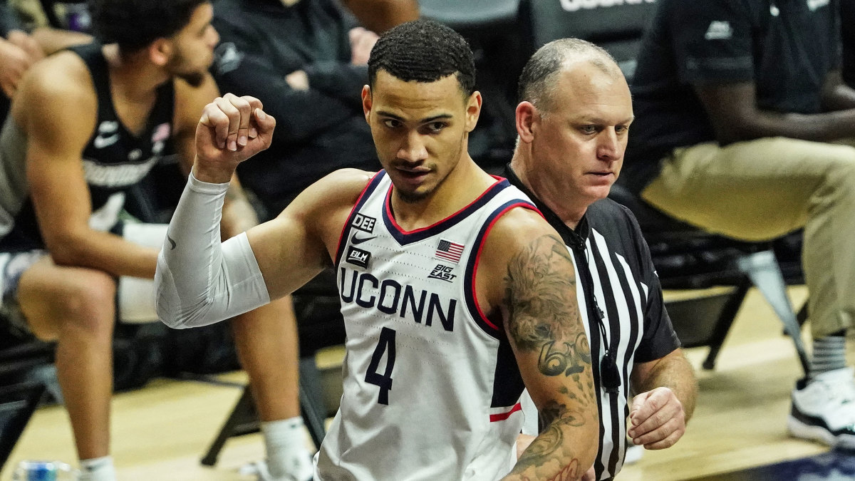 UConn guard Tyrese Martin pumps his fist