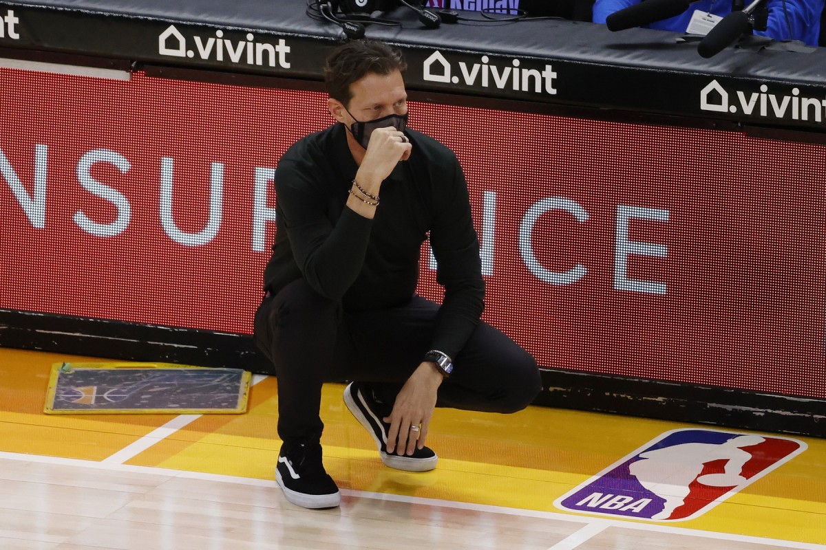 Utah Jazz Head Coach Quin Snyder leads his team from the sidelines during a game against the Philadelphia 76ers