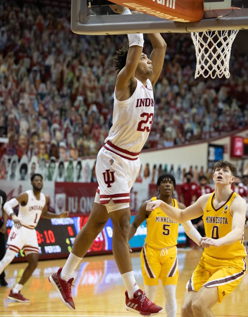 Indiana sophomore Trayce Jackson-Davis slams down a dunk early in the first half against Minnesota. (USA TODAY Sports)