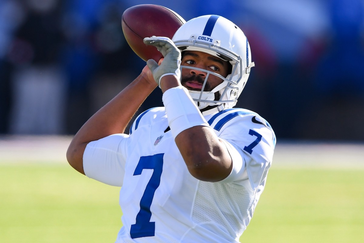 Indianapolis Colts quarterback Jacoby Brissett (7) warms up prior to a AFC Wild Card game against the Buffalo Bills at Bills Stadium.
