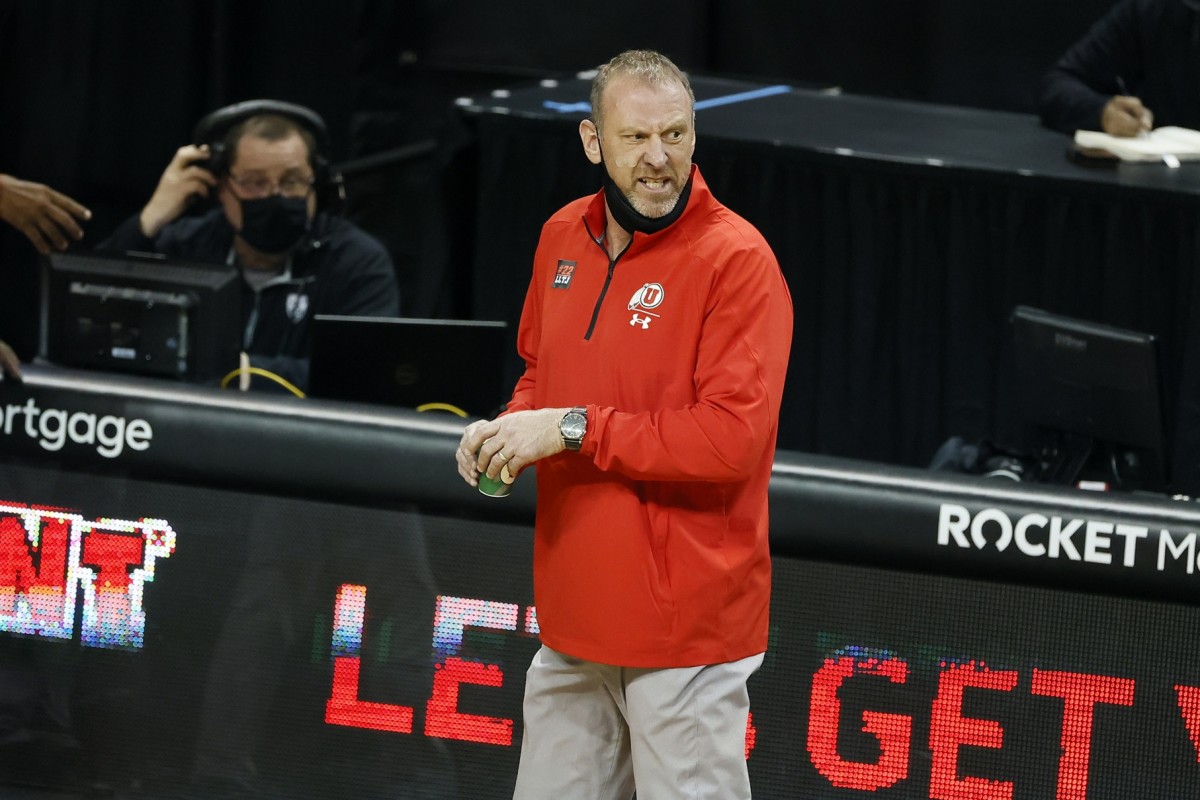 Feb 20, 2021; Eugene, Oregon, USA; Utah Utes head coach Larry Krystkowiak reacts to a call during the second half against the Oregon Ducks at Matthew Knight Arena.