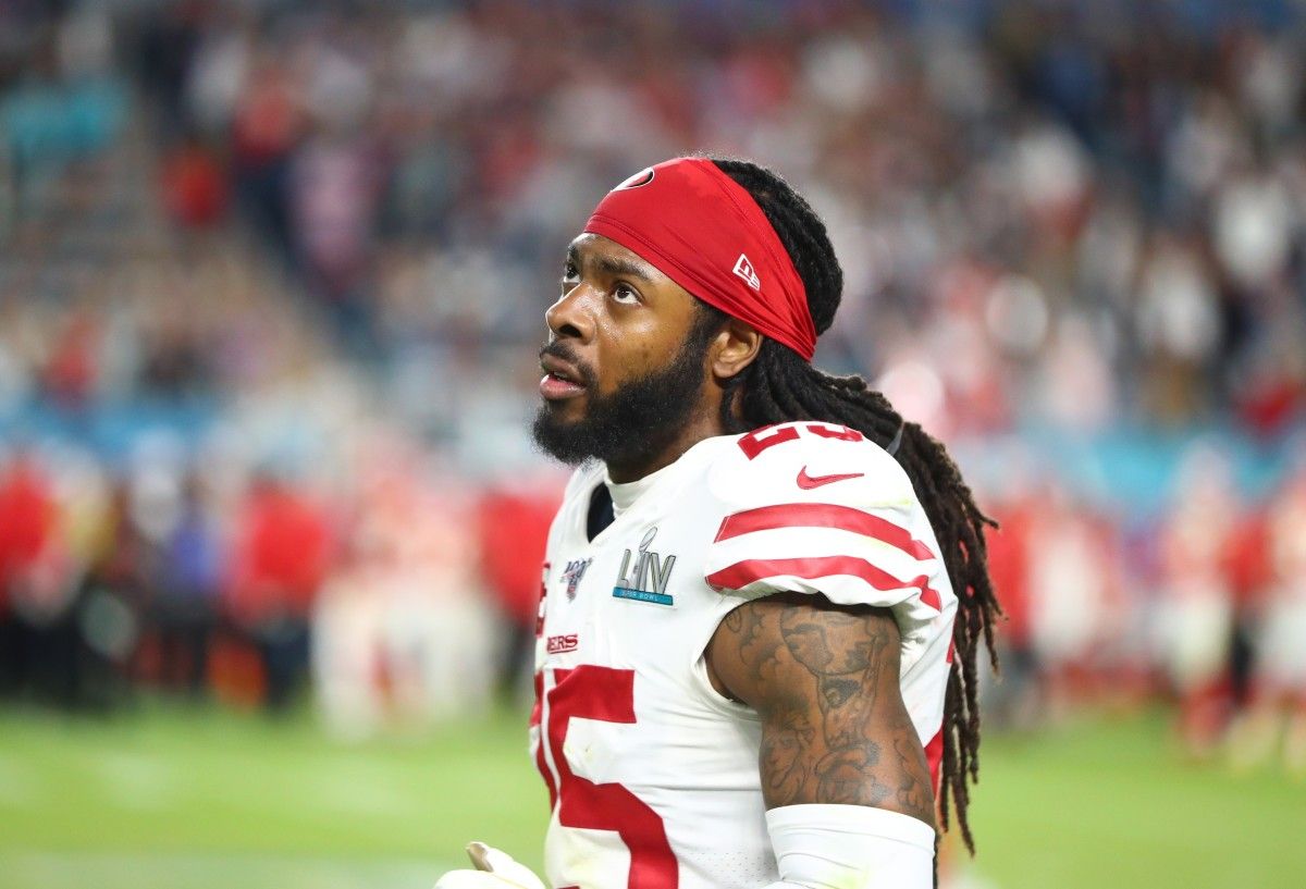 San Francisco 49ers cornerback Richard Sherman (25) reacts during Super Bowl LIV against the Kansas City Chiefs at Hard Rock Stadium.