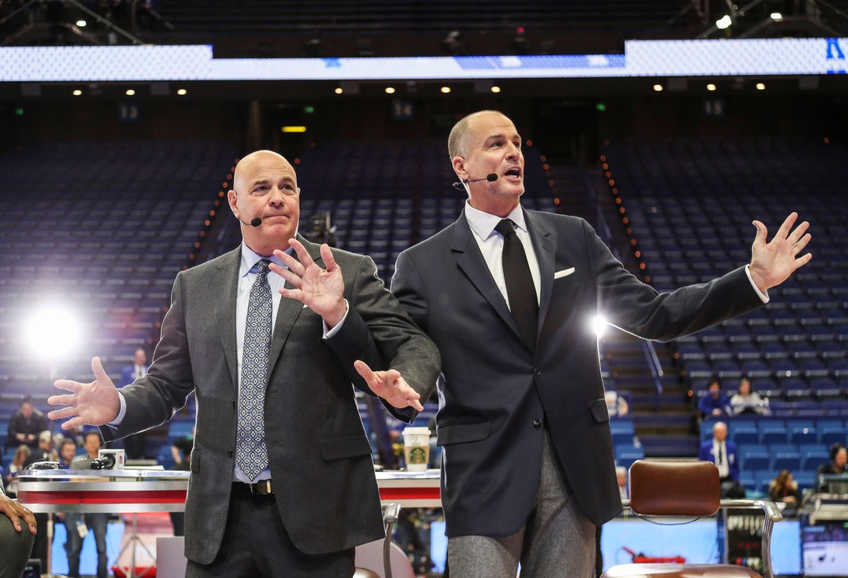 ESPN's Seth Greenberg, left, and Jay Bilas try to explain a flagrant foul situation to fans during the GameDay segment before the Kentucky-Kansas Saturday, January 26, 2019. Espn Gameday At Rupp January 26 2019
