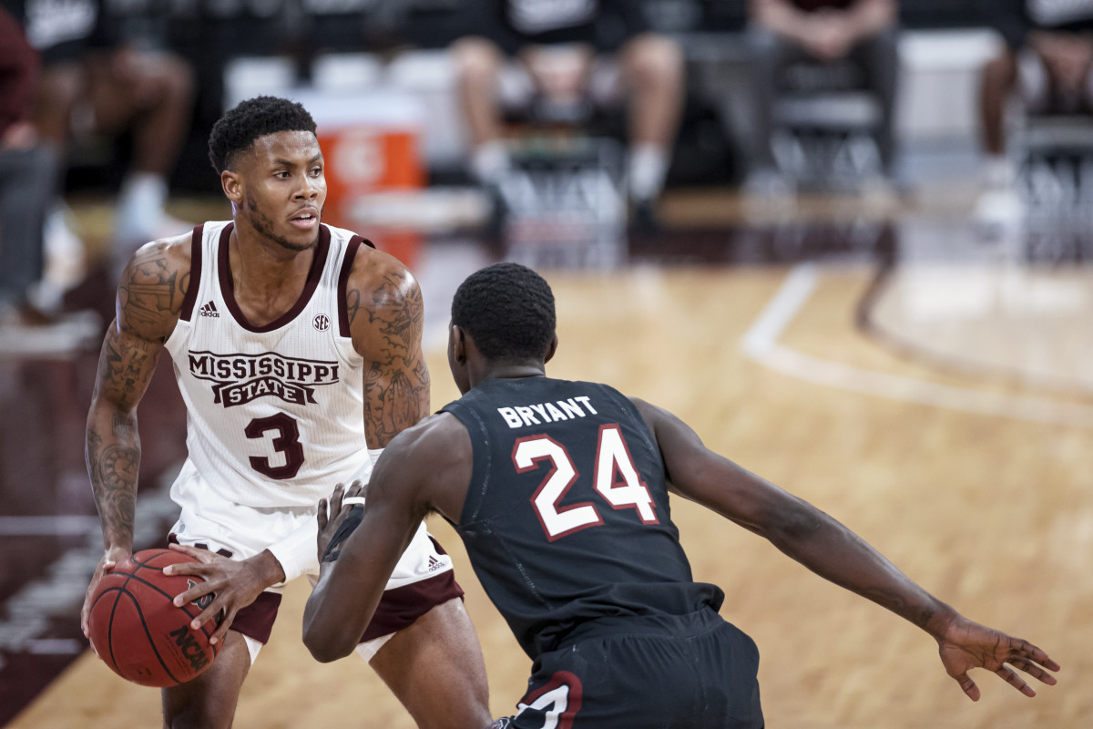 Mississippi State's D.J. Stewart (No. 3) handles the ball for the Bulldogs on Wednesday night. Stewart scored 15 points in the MSU win over South Carolina. (Photo courtesy of Mississippi State athletics)