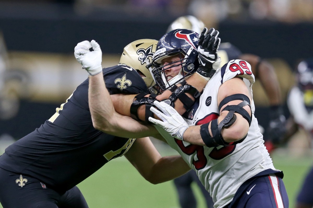 Sep 9, 2019; New Orleans, LA, USA; Saints offensive tackle Ryan Ramczyk (71) blocks Texans defensive end J.J. Watt (99) at the Mercedes-Benz Superdome. Mandatory Credit: Chuck Cook-USA TODAY