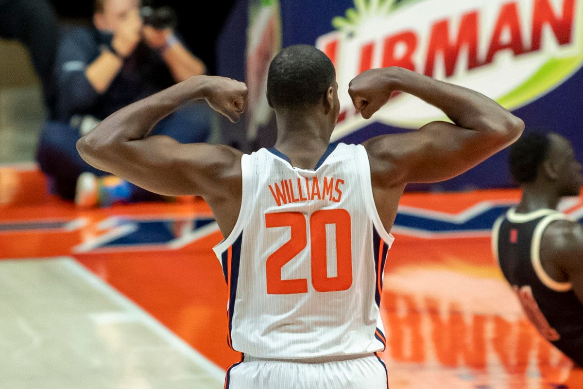 Illinois Fighting Illini guard Da'Monte Williams (20) reacts during the second half against the Nebraska Cornhuskers at the State Farm Center.