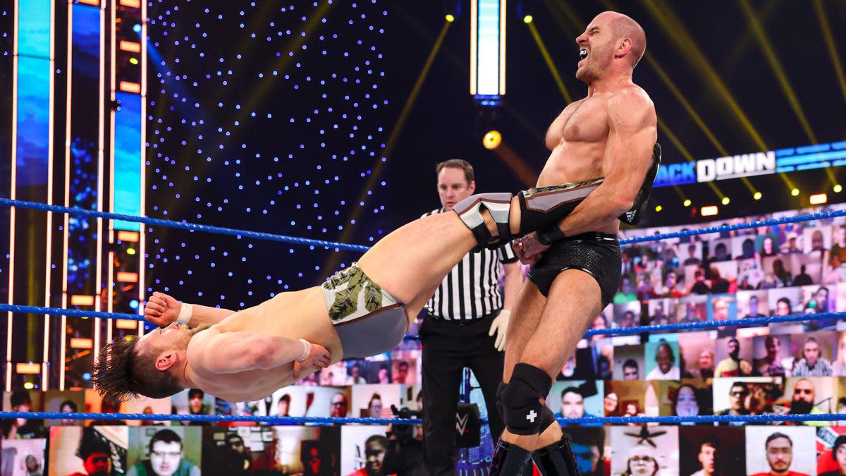 WWE's Cesaro performs his signature "Cesaro Swing" on Daniel Bryan during a match on SmackDown