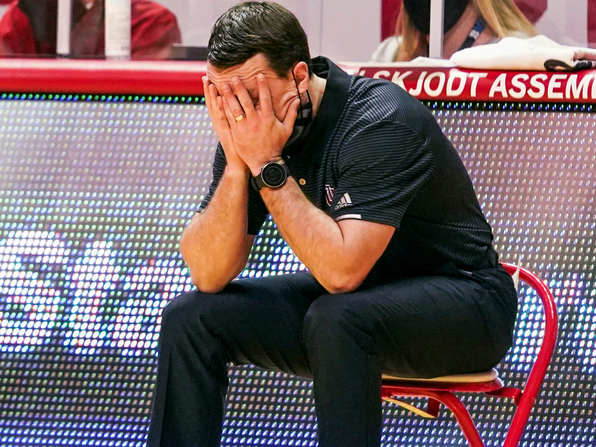 Indiana Hoosiers head coach Archie Miller reacts after a play during the game against Michigan State at Simon Skjodt Assembly Hall in Bloomington, Ind., on Saturday, Feb. 20, 2021.