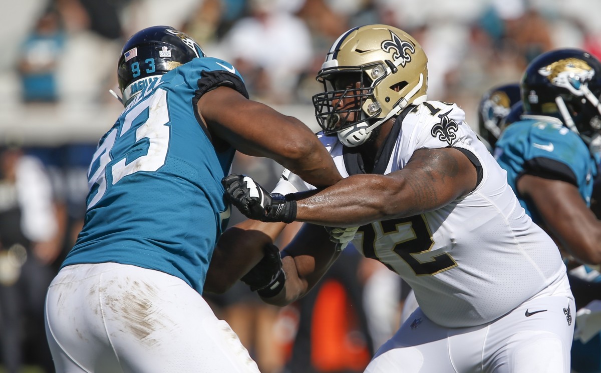 New Orleans Saints offensive tackle Terron Armstead (72) blocks against Jacksonville defensive end Calais Campbell (93) Mandatory Credit: Reinhold Matay-USA TODAY 