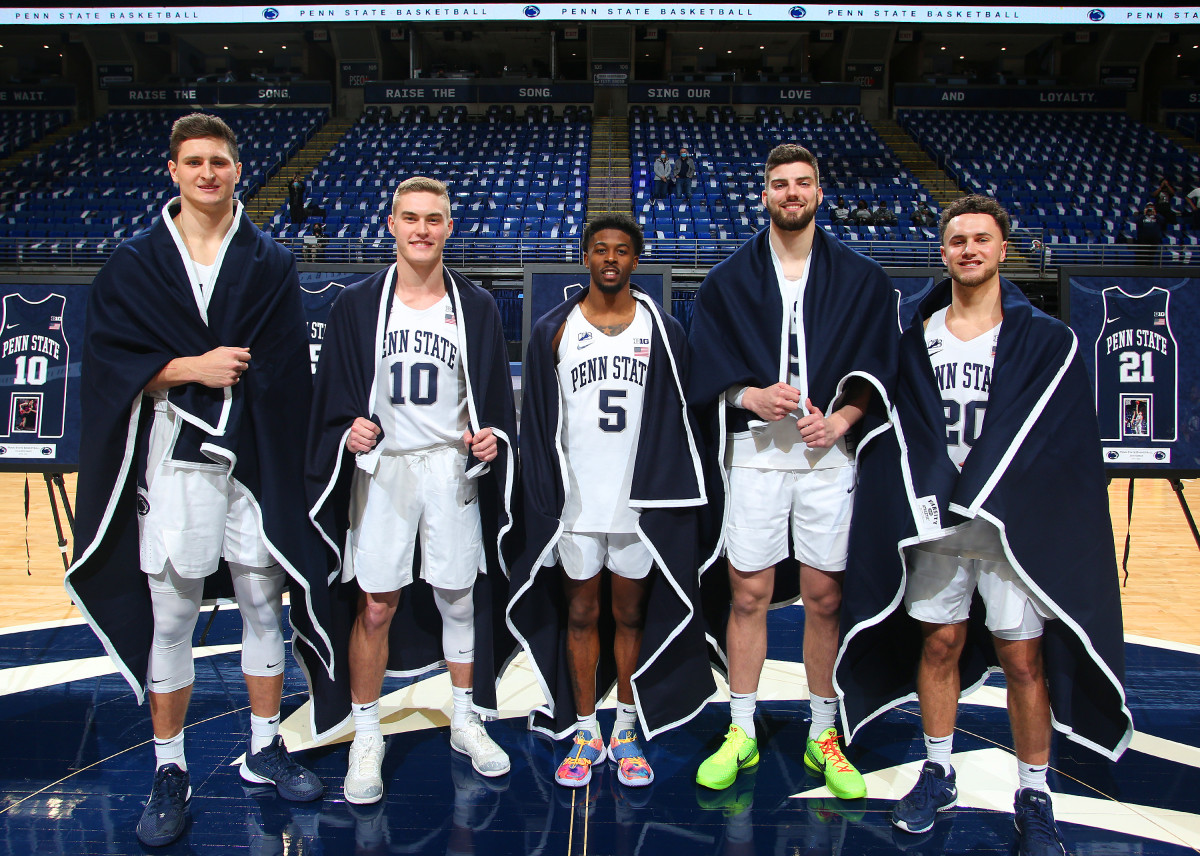 Penn State men's basketball seniors (left to right) John Harrar, Kyle McCloskey, Jamari Wheeler, Trent Buttrick and Taylor Nussbaum.