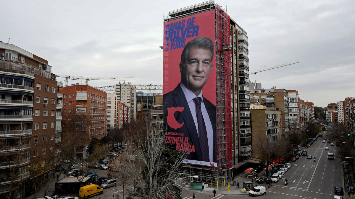 Joan Laporta's billboard outside the Bernabeu in Madrid