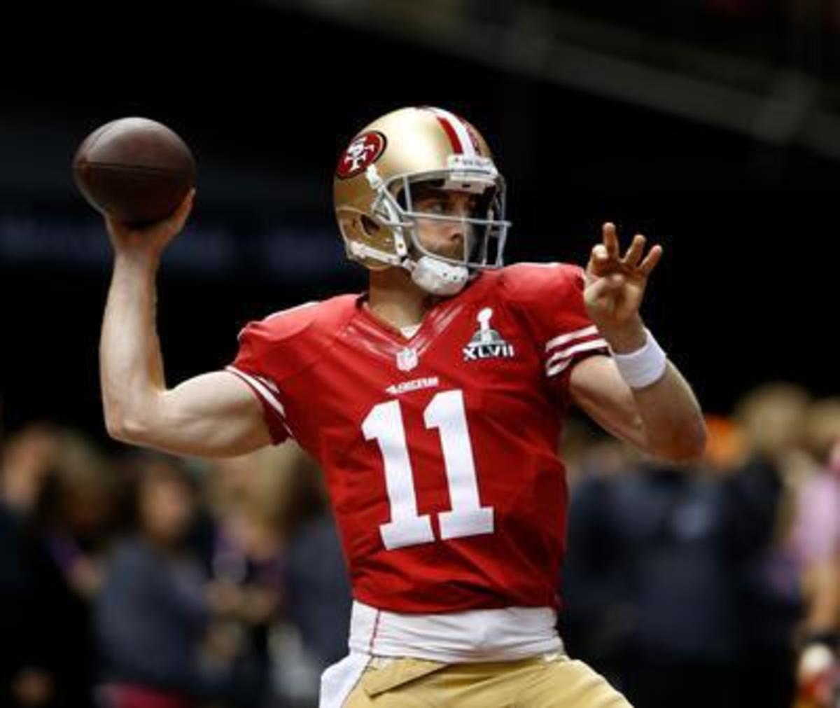 San Francisco 49ers quarterback Alex Smith (11) warms up before the start of Super Bowl XLVII, Sunday, Feb. 3, 2013, at the Superdome in New Orleans.