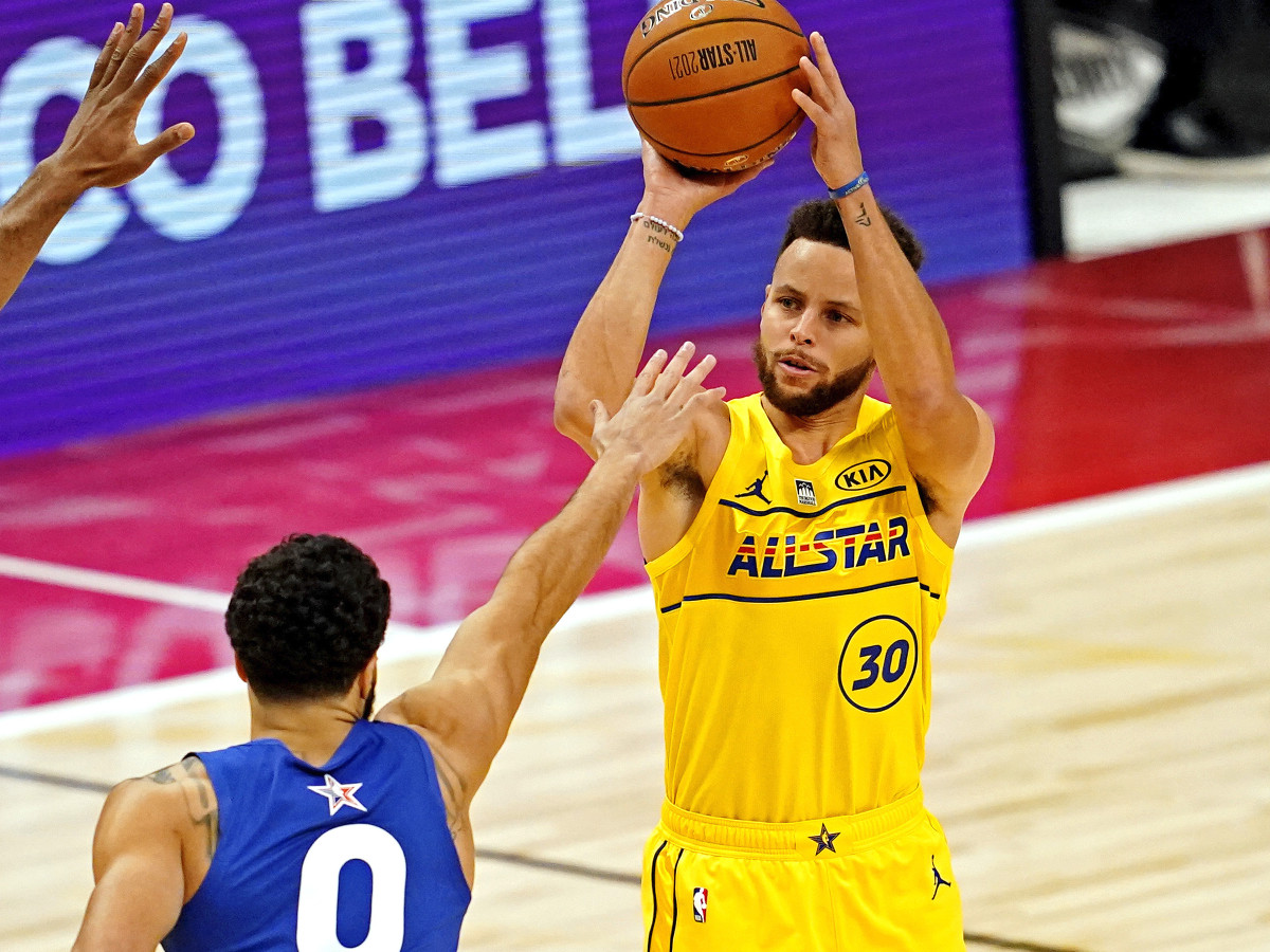 Steph Curry shoots over Jayson Tatum at the 2021 NBA All-Star Game