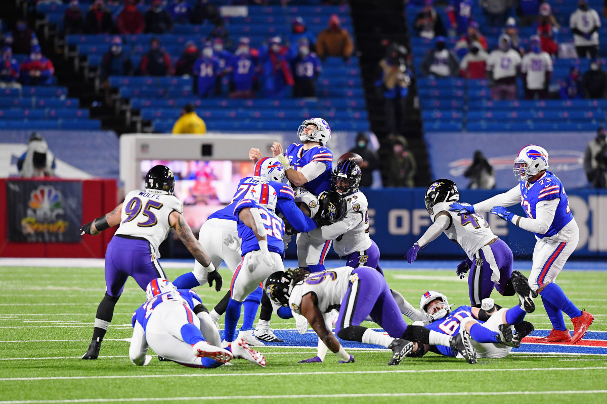 Judon (99) forces a fumble on Bills quarterback Josh Allen (17). Mandatory Credit: Rich Barnes-USA TODAY Sports