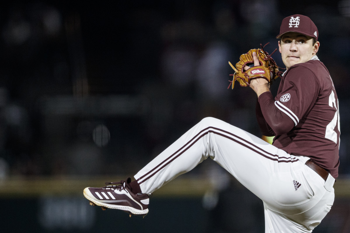 Will Bednar delivers a pitch this past Friday against Kent State. Bednar is slated to start on the mound for the Bulldogs against Grambling on Tuesday. (Photo courtesy of Mississippi State athletics)
