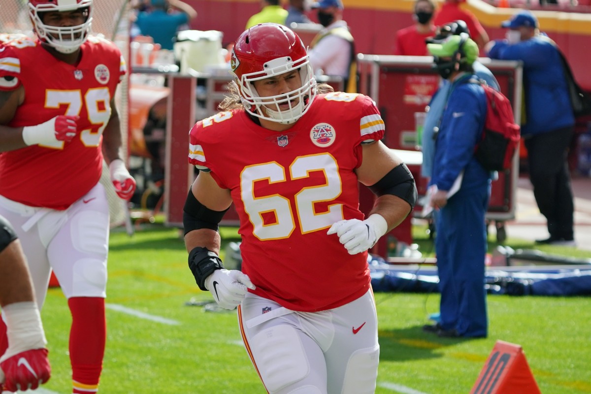 Nov 8, 2020; Kansas City, Missouri, USA; Kansas City Chiefs center Austin Reiter (62) enters the field during warm ups before the game against the Carolina Panthers at Arrowhead Stadium. Mandatory Credit: Denny Medley-USA TODAY Sports