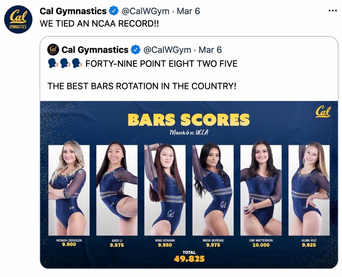 Cal's record-setting bars rotation