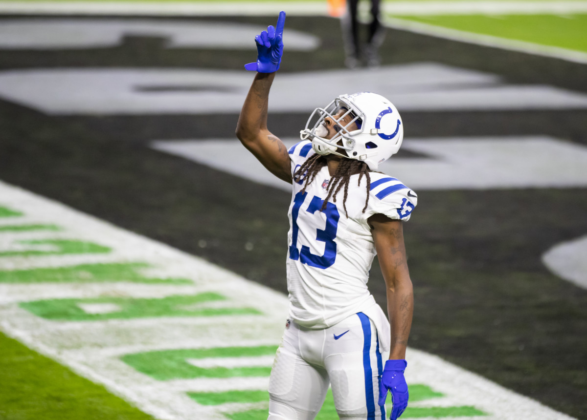 Dec 13, 2020; Paradise, Nevada, USA; Indianapolis Colts wide receiver T.Y. Hilton (13) celebrates after catching a touchdown pass against the Las Vegas Raiders during the second quarter at Allegiant Stadium. Mandatory Credit: Mark J. Rebilas-USA TODAY Sports