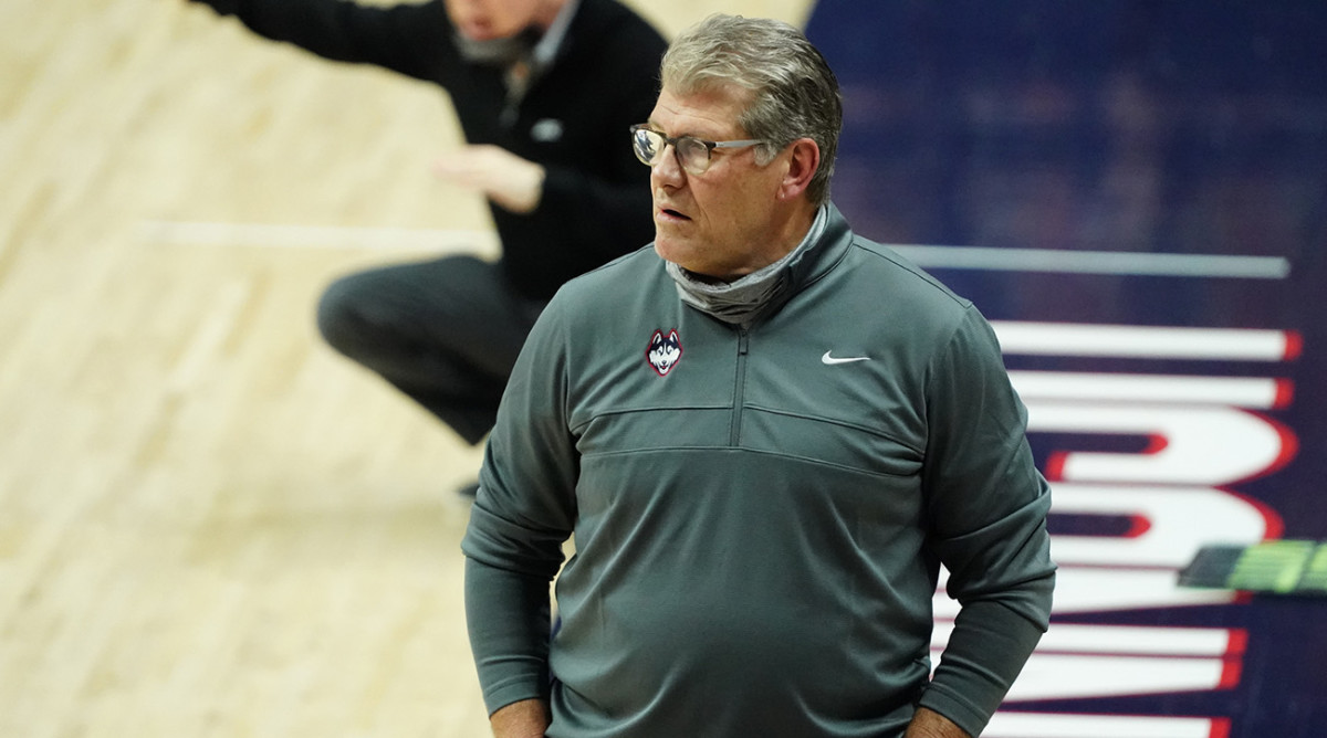 UConn head coach Geno Auriemma looks on from the sideline