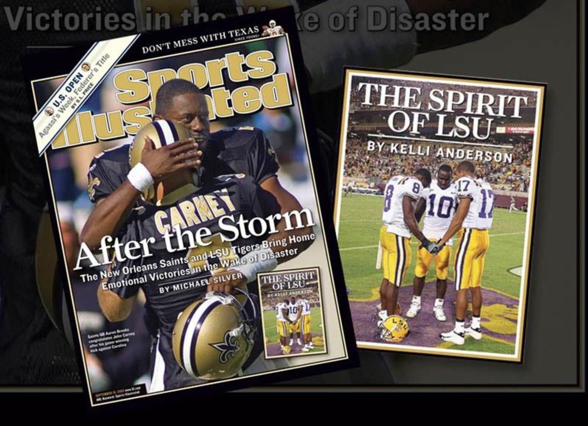 The New Orleans Saints and LSU Tigers Football Team grace the cover of Sports Illustrated in the months that followed Hurricane Katrina.