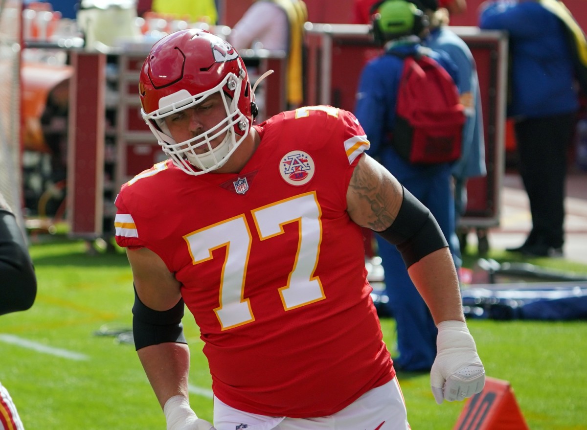 Nov 8, 2020; Kansas City, Missouri, USA; Kansas City Chiefs offensive guard Andrew Wylie (77) enters the field during warm ups before the game against the Carolina Panthers at Arrowhead Stadium. Mandatory Credit: Denny Medley-USA TODAY Sports