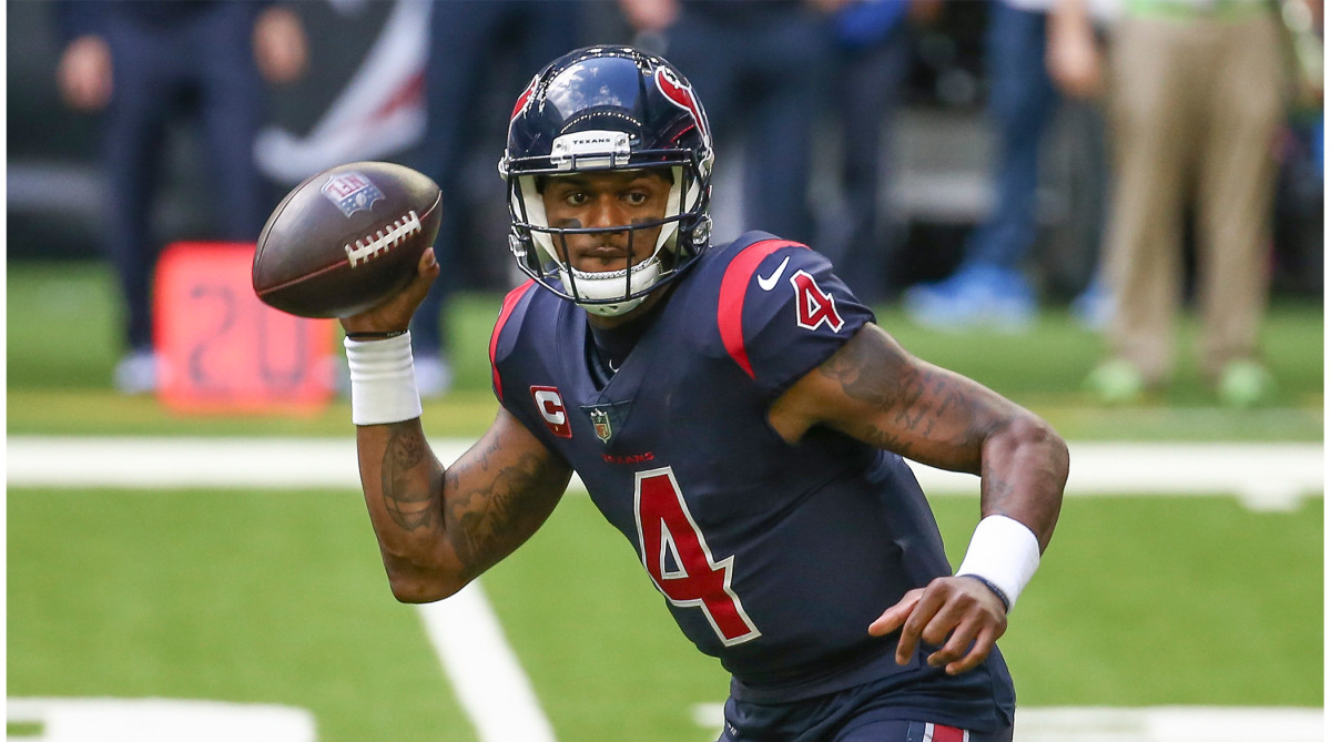 Dec 27, 2020; Houston, Texas, USA; Houston Texans quarterback Deshaun Watson (4) rolls out of the pocket against the Cincinnati Bengals during the third quarter at NRG Stadium.