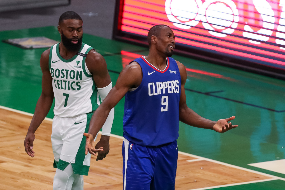 Mar 2, 2021; Boston, Massachusetts, USA; Los Angeles Clippers center Serge Ibaka (9) reacts during the second half against the Boston Celtics at TD Garden. Mandatory Credit: Paul Rutherford-USA TODAY Sports