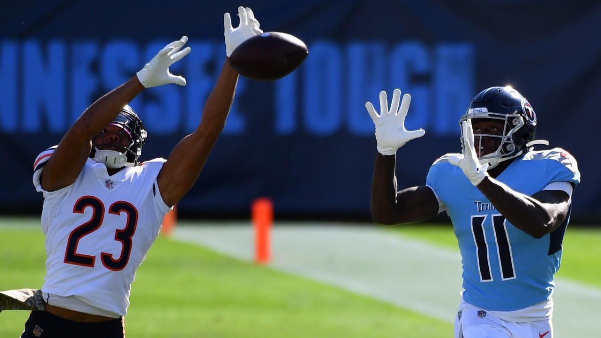 Fuller breaks up a pass intended for Tennessee Titans wide receiver A.J. Brown. 