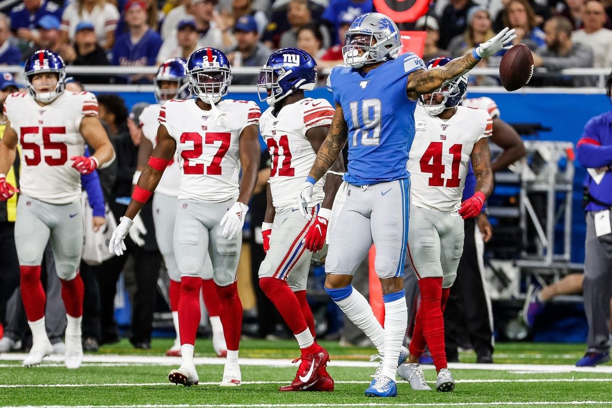 Lions receiver Kenny Golladay celebrates a first down against the Giants at Ford Field, Oct. 27, 2019.