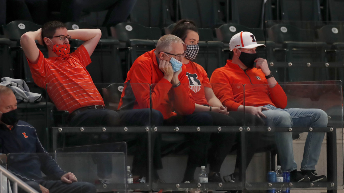 llinois fans sit in the stands dejected after the teams loss to the Loyola (Il) Ramblers during the second round of the 2021 NCAA Tournament on Sunday, March 21, 2021, at Bankers Life Fieldhouse in Indianapolis, Ind.