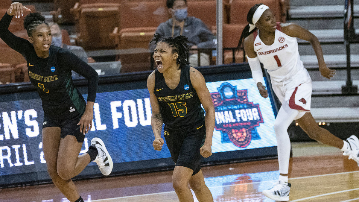 Wright State's Angel Baker celebrates during an upset of Arkansas