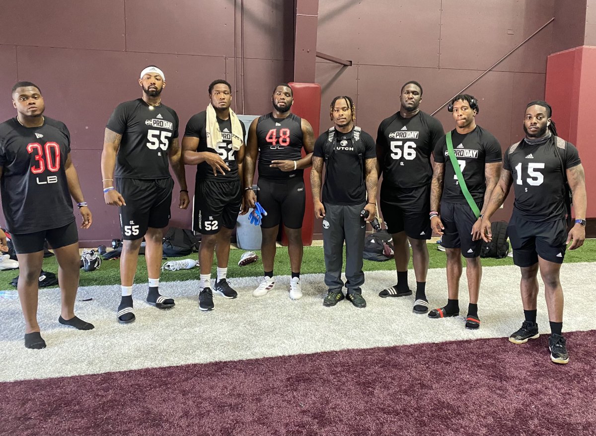 From left to right, Erroll Thompson, Greg Eiland, Kobe Jones, Marquiss Spencer, Kylin Hill, Dareuan Parker and Marcus Murphy of Mississippi State – along with Derrick Beckom, Jr. of Harding University – all took part in MSU's Pro Day on Wednesday. (Photo courtesy of MSU Director of Player Personnel Brittany Thackery)