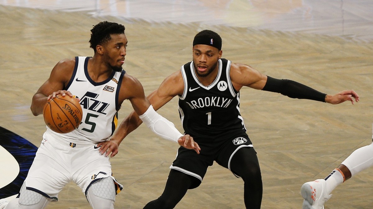 Donovan Mitchell (45) looks to make a play against the Brooklyn Nets