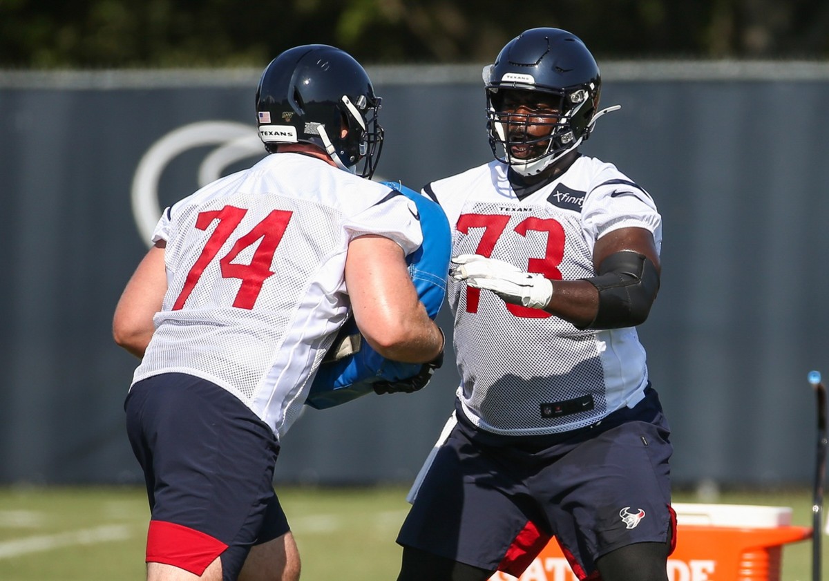 Jul 25, 2019; Houston, TX, USA; Houston Texans offensive guard Zach Fulton (73) and offensive tackle Max Scharping (74) during training camp at Houston Methodist Training Center.