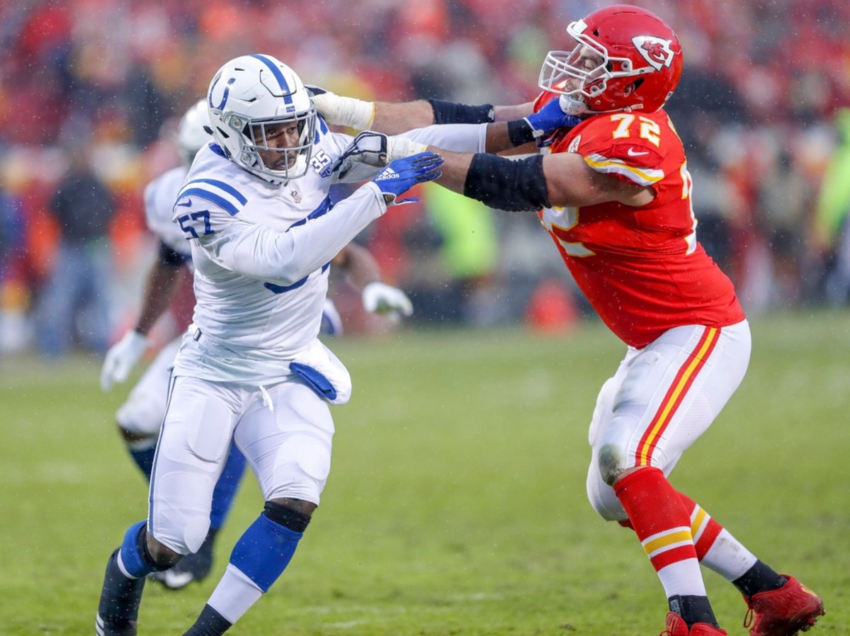 Indianapolis Colts defensive end Kemoko Turay (57) is blocked by Kansas City Chiefs offensive tackle Eric Fisher (72) in the second quarter at Arrowhead Stadium in Kansas City, Mo., on Saturday, Jan. 12, 2019. Indianapolis Colts Play The Kansas City Chiefs At Arrowhead Stadium In Afc Playoffs 2019