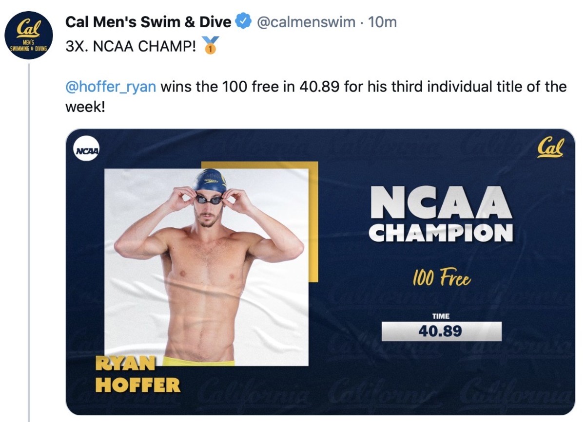 Ryan Hoffer won three individual titles at the NCAA swim championships