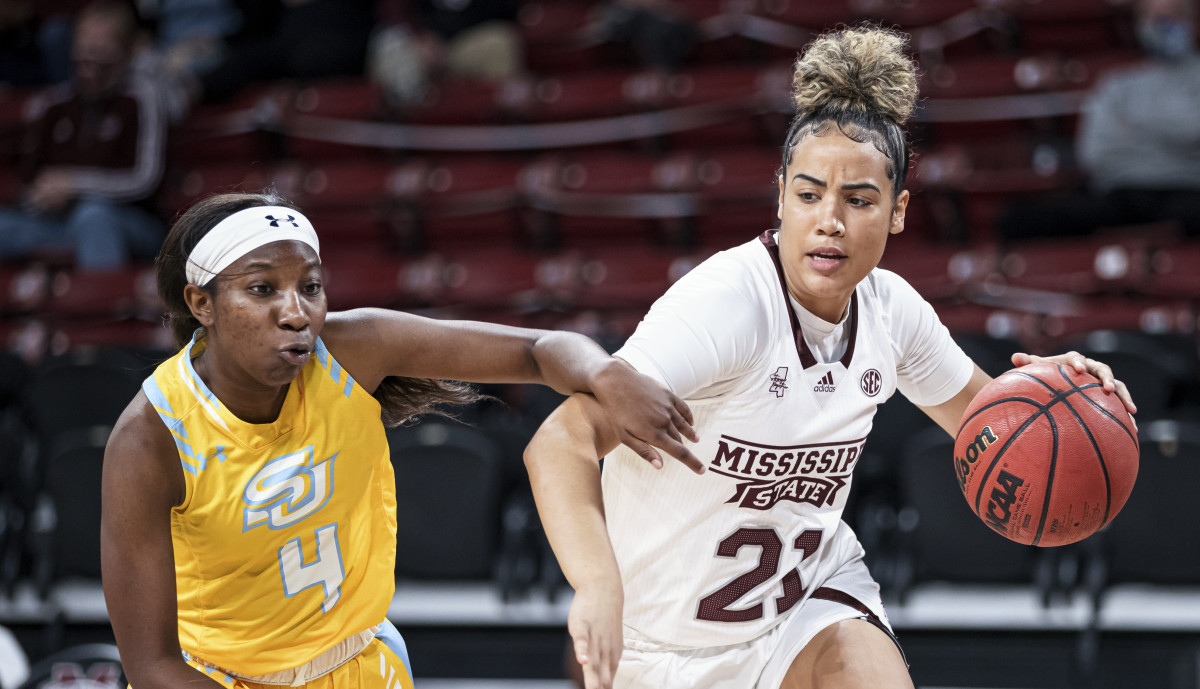 Madison Hayes, No. 21, has entered the NCAA transfer portal. (Photo courtesy of Mississippi State athletics)