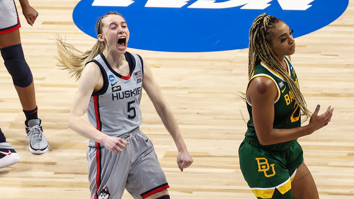 UConn's Paige Bueckers celebrates a win over Baylor